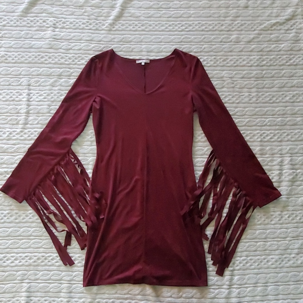 Maroon suede mini dress with fringe